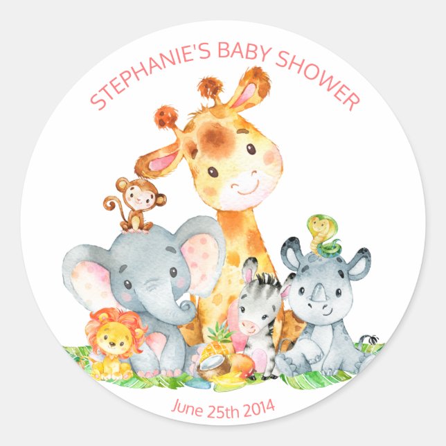 Watercolor Cute Safari Jungle Baby Shower Stickers (Front)