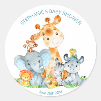 Watercolor Cute Safari Jungle Boy Baby Shower Classic Round Sticker