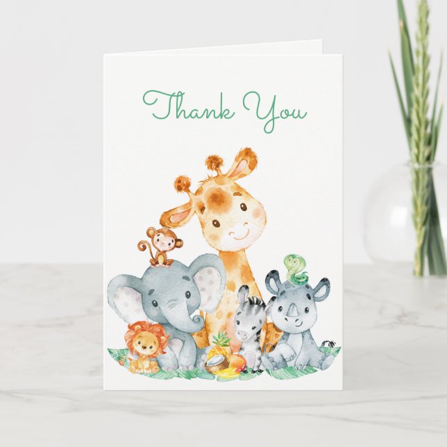 Watercolor Cute Safari Jungle Thank You Card (Front)