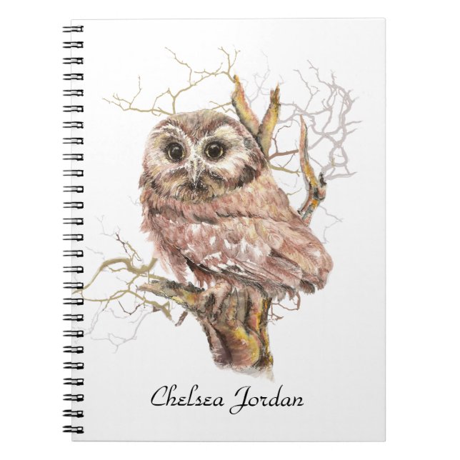 Watercolor Cute Saw Whet Owl Bird Custom Name Notebook (Front)