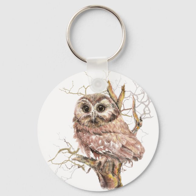 Watercolor Cute Saw Whet Owl, Bird Key Ring (Front)