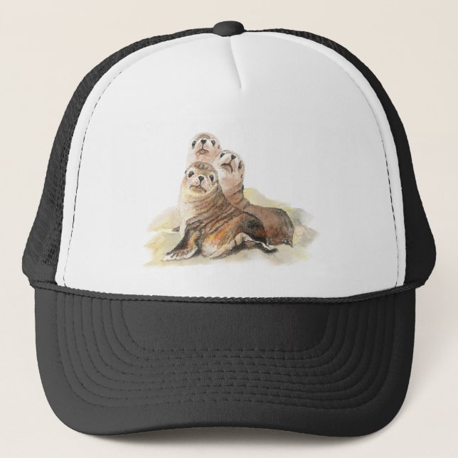 Watercolor Cute Seal Animal Family Art Trucker Hat (Front)