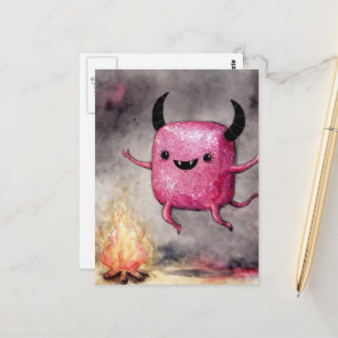 Watercolor Cute Shiny Pink Monster and a Campfire Postcard