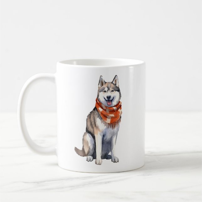 Watercolor Cute Siberian Husky Dog Coffee Mug (Left)