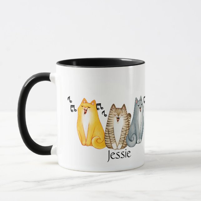 Watercolor Cute Singing Meowing Cats Custom Name Mug (Left)
