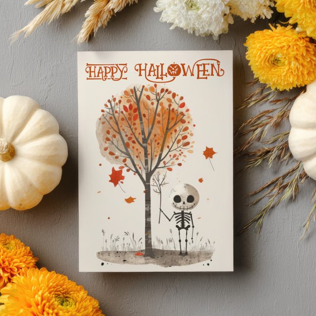 Watercolor Cute Skeleton Happy Halloween Card (Creator Uploaded)
