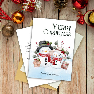 Watercolor Cute Snowman Couple Merry Christmas Holiday Card