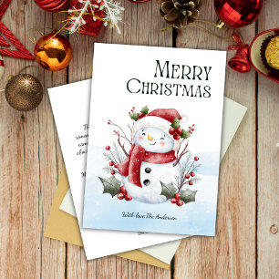 Watercolor Cute Snowman Floral Christmas Holiday Card