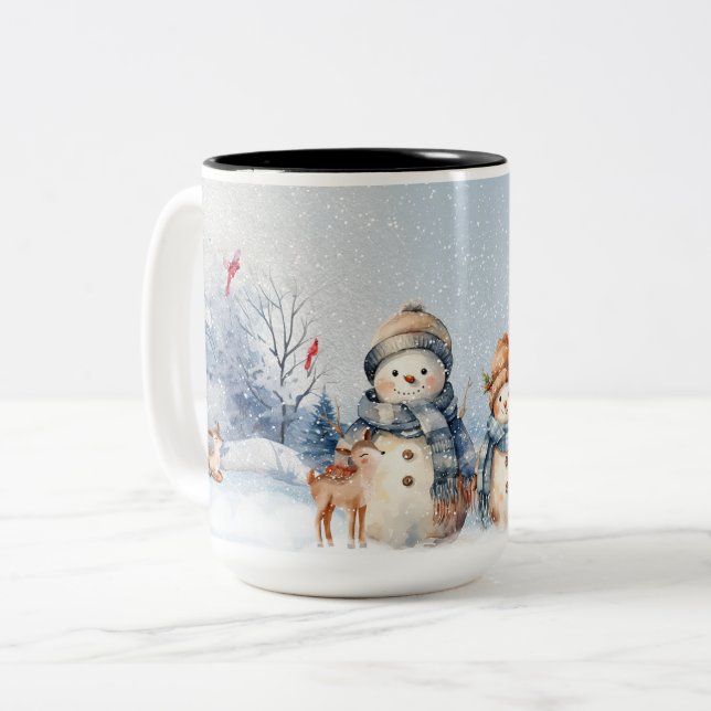 Watercolor Cute Snowmen Two-Tone Coffee Mug (Front Left)