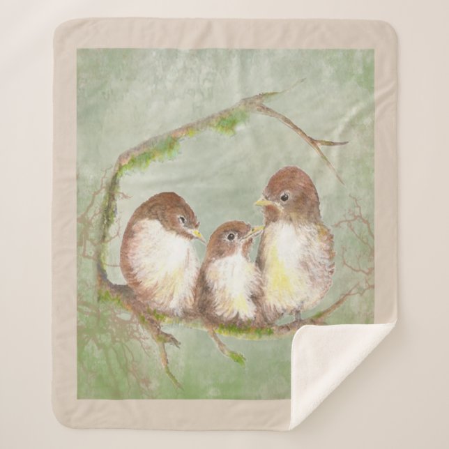 Watercolor Cute Sparrow Bird Family  Sherpa Blanket (Front)