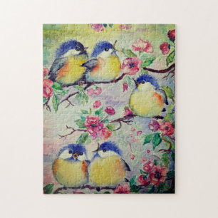 Watercolor - Cute Sparrows - Sweet Birds - Spring Jigsaw Puzzle