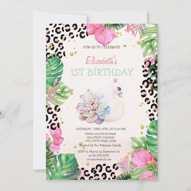 Watercolor Cute Swan Tropical Flowers Birthday  Invitation (Front)