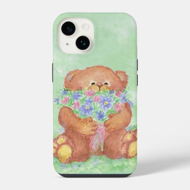 Watercolor Cute Teddy Bear Bouquet Flowers Art iPhone Case (Back)