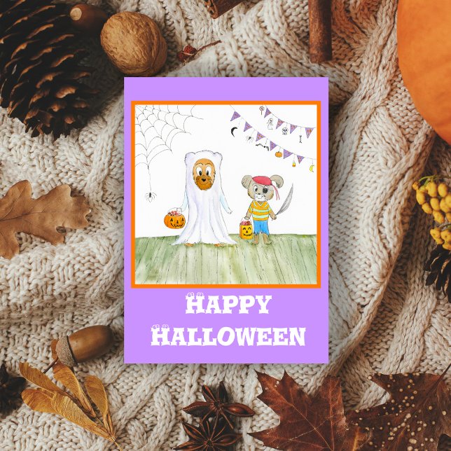 Watercolor Cute Teddy Bears Happy Halloween Card (Kids will find this adorable Halloween card!)