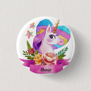 Watercolor Cute Unicorn Heart Custom Name 3 Cm Round Badge
