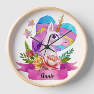 Watercolor Cute Unicorn Heart Custom Name Clock