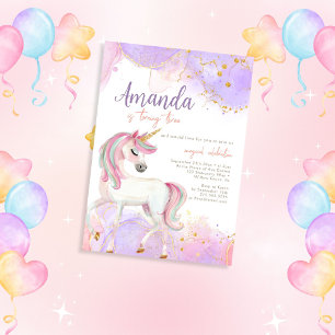 Watercolor Cute Unicorn Purple Birthday Invitation