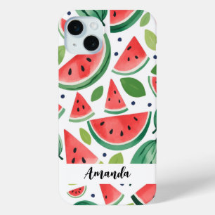 Watercolor Cute Watermelon Pattern Customised Name iPhone 15 Mini Case