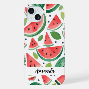 Watercolor Cute Watermelon Pattern Customised Name iPhone 15 Plus Case