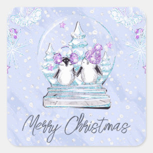 Watercolor Cute Winter Penguin Friends Snow Globe Square Sticker