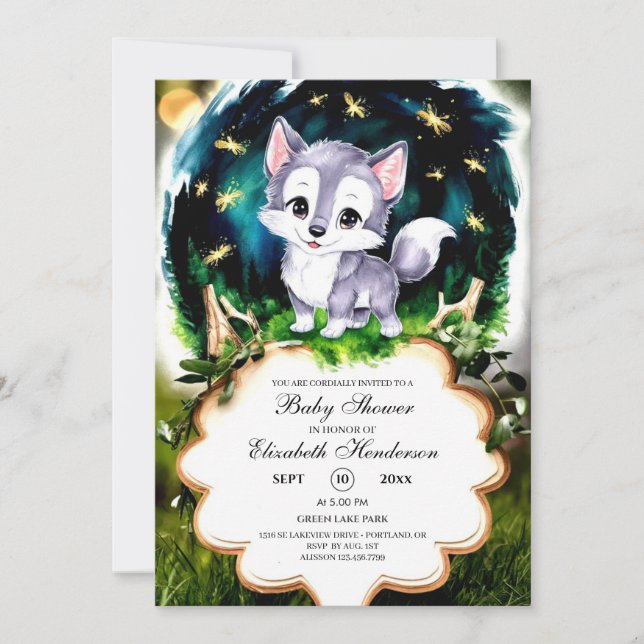Watercolor Cute Wolf Baby Shower Invitation (Front)