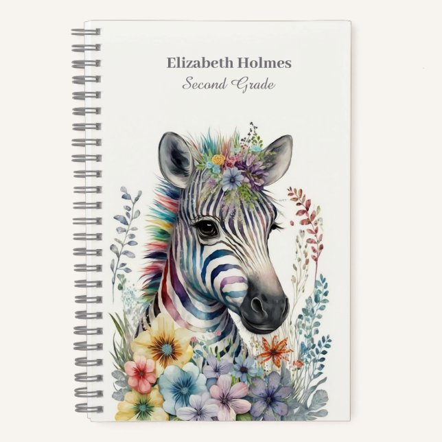 Watercolor Cute Zebra with Flowers Notebook (Front)