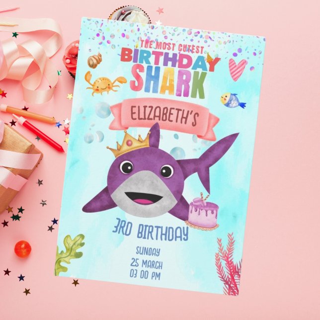 Watercolor Cutest Birthday Shark Birthday Party Invitation (Creator Uploaded)
