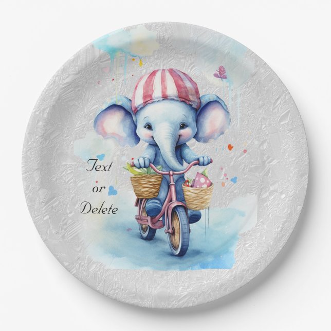 Watercolor Cycling Elephant Paper Plate (Front)