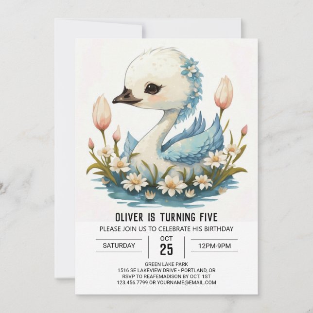 Watercolor Cygnus Swan Birthday Invitation (Front)
