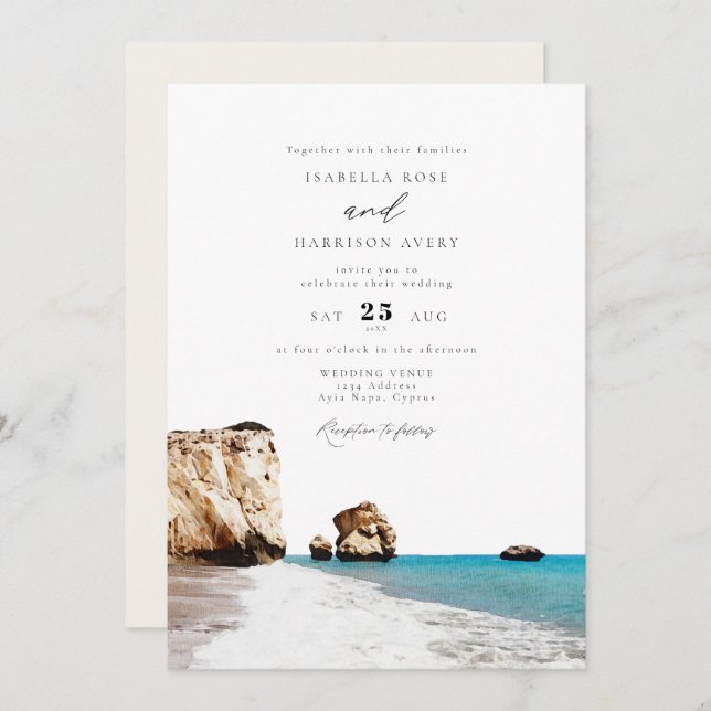 Watercolor Cyprus Aphrodite Beach Ocean Wedding Invitation (Front/Back)