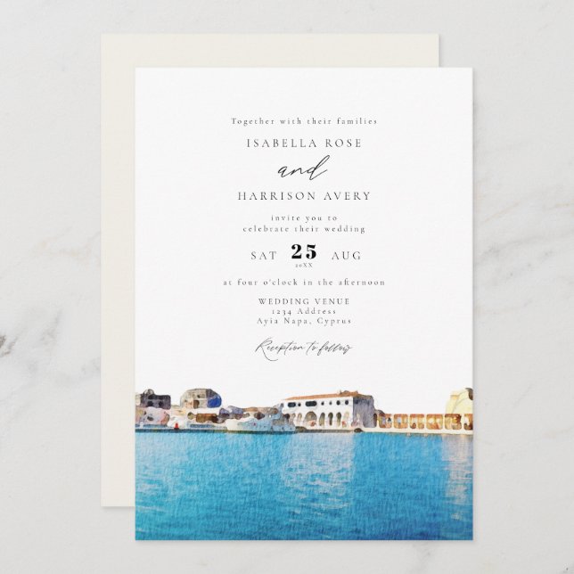 Watercolor Cyprus Skyline Beach Ocean Wedding Invitation (Front/Back)
