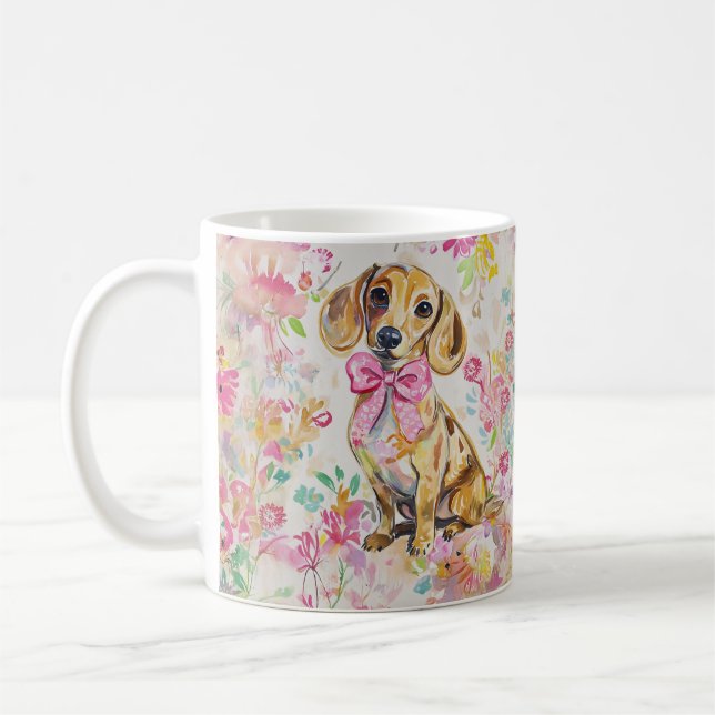Watercolor Dachshund Coffee Mug Pink Florals (Left)