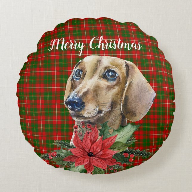 Watercolor Dachshund Dog Christmas  Round Cushion (Front)