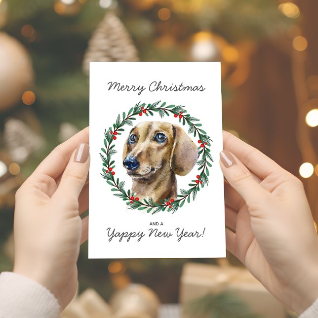 Watercolor Dachshund Holiday Wreath Christmas Card (Personalize by editing any text on front also verse and greeting inside card.)