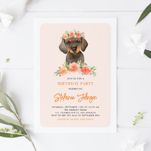 Watercolor Dachshund Peach Florals Dog Birthday Invitation
