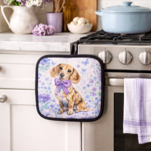 Watercolor Dachshund Purple Floral  Pot Holder