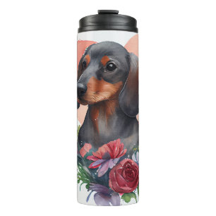 Watercolor Dachshund Surrounded By Colourful Flowe Thermal Tumbler