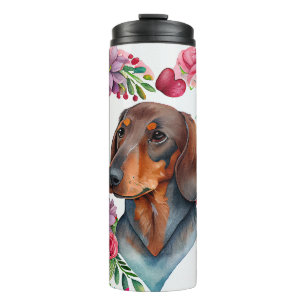 Watercolor Dachshund Surrounded by Colourful Heart Thermal Tumbler
