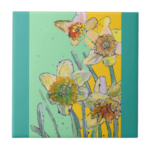Watercolor Daffodil Flower Floral Aqua Ceramic Tile