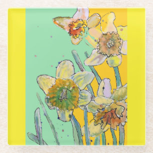 Watercolor Daffodil Flower Floral Aqua Yellow Glass Coaster