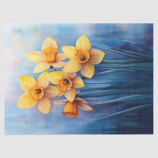Watercolor Daffodils Blue Background Decoupage Tissue Paper (Front)