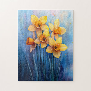 Watercolor Daffodils Blue Background Jigsaw Puzzle