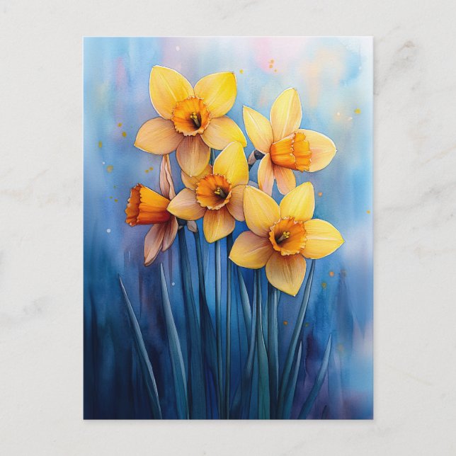 Watercolor Daffodils Blue Background Postcard (Front)
