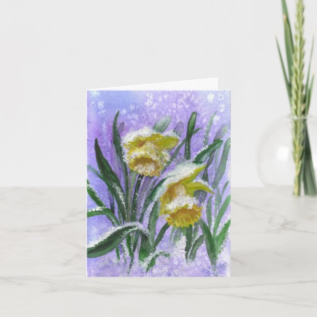 Watercolor Daffodils in Snow with blank inside Card (Front)