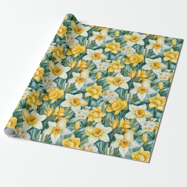 Watercolor Daffodils Wrapping Paper Roll (Unrolled)