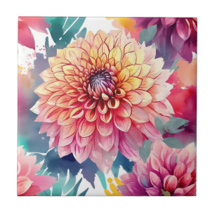 Watercolor Dahlia Summer Ceramic Tile
