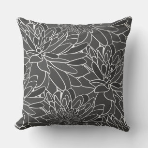 Watercolor Dahlias Grey Black White  Cushion