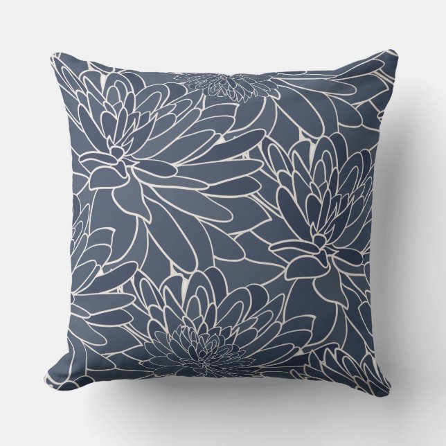Watercolor Dahlias Navy White  Cushion (Front)