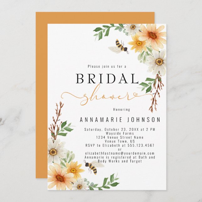 Watercolor Daisies and Bees Bridal Shower Invitation (Front/Back)