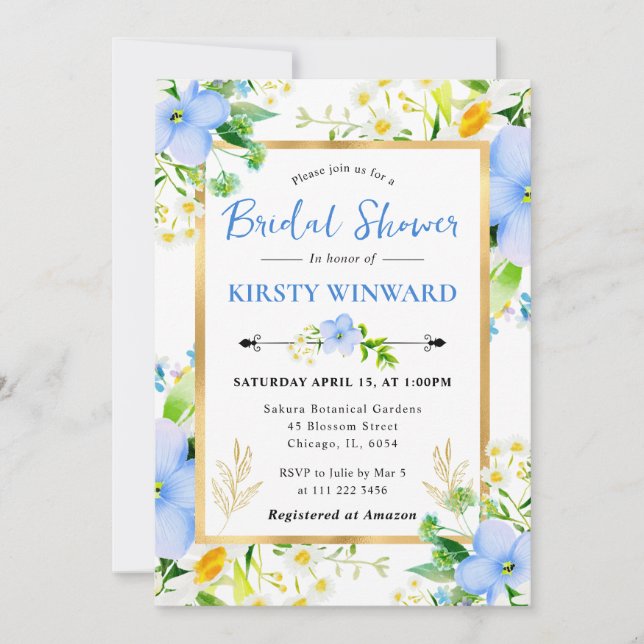 Watercolor Daisies and Blue Flowers Bridal Shower Invitation (Front)